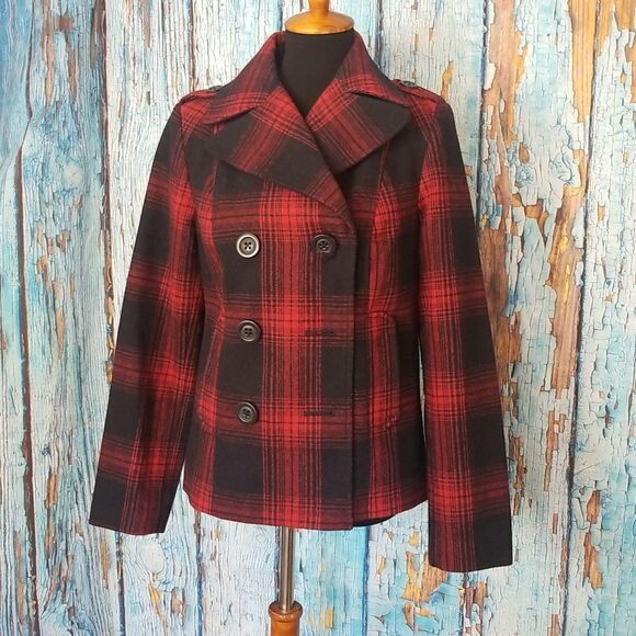 𝅺OLD Navy Wool Pea Coat Red and Navy Plaid - Picture 2 of 12
